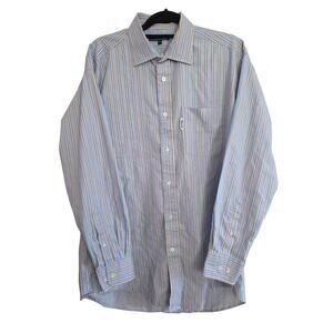 Faconnable Dress Shirt 17.5 L Blue Cream Stripe 100% Cotton Made in USA Button